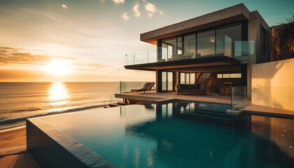 Fototapeta na wymiar Luxury bungalow with poolside deck, overlooking tranquil tropical sunset generated by AI