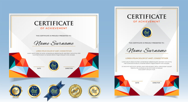 Abstract geometric certificate template. Modern certificate with badges. For award, business, and education needs. Diploma vector template
