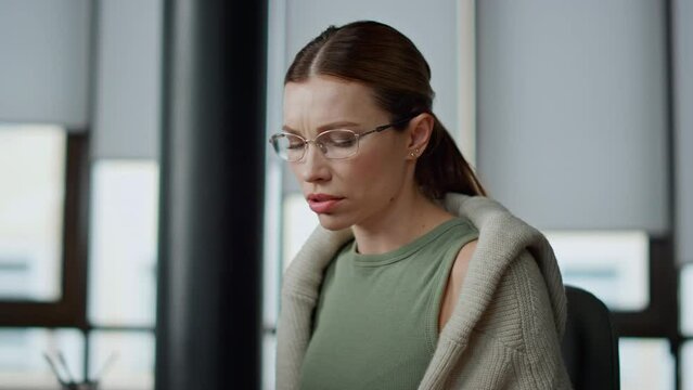 Nervous manager thinking problem solution closeup. Frustrated woman look screen