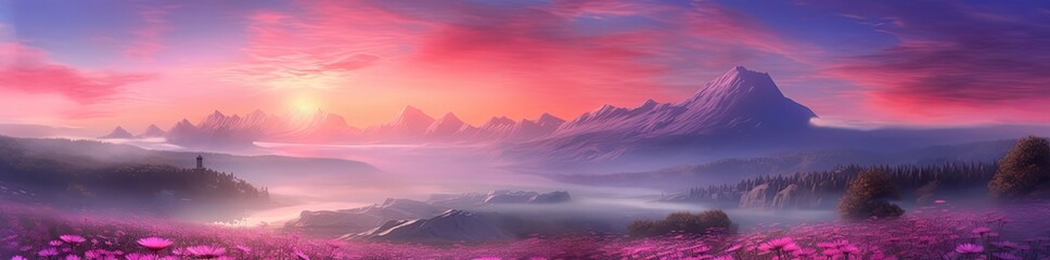 Colorful mountain scene with the setting sun