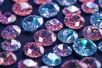 A texture of blue and pink diamonds on a dark background. Background from precious jewels.