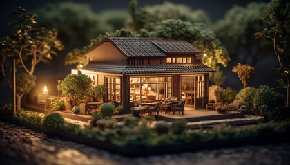 A comfortable porch overlooking a luxurious farm landscape at dusk generated by AI