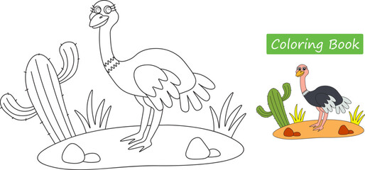 Cute ostrich. Coloring pages. Vector illustration