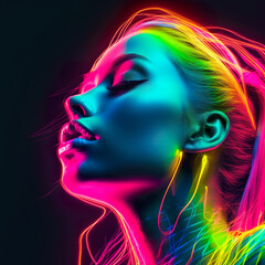 3D rendering of a female face with blue and pink neon lights. Generative AI