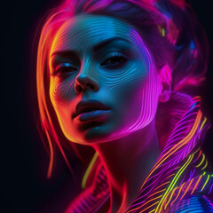 3D rendering of a female face with blue and pink neon lights. Generative AI