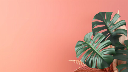 Philodendron tropical leaves on coral color background.