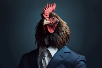 Portrait of a Chicken dressed in a formal business suit, created with generative AI