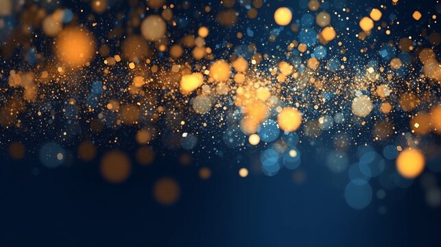 Abstract Background With Dark Blue And Gold Particle. Christmas Golden Light Shine Particles Bokeh On Navy Blue Background. Gold Foil Texture