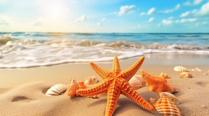 Naklejka na ściany i meble Starfish on the summer beach. Summer background. 