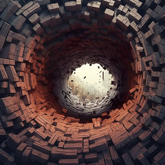 Conceptual image with brick wall and city view through the hole. Generative AI