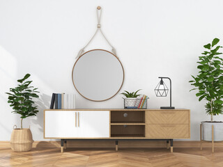 living room interior with wooden sideboard and round hanging mirror. 3D rendering
