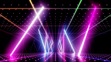Fototapeta premium Neon Line Tunnel glowing Fluorescent light corridor stage 3D illustration background