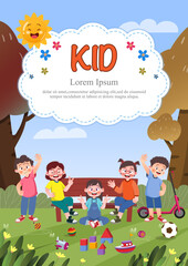 Cute children play outside. template for advertising brochures, ready for your text,  poster, background, website.Style of kids drawings.