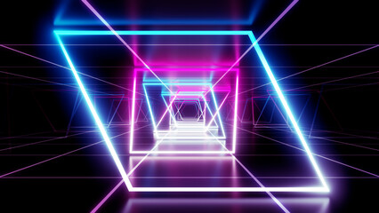 Neon Line Tunnel glowing Fluorescent light corridor stage 3D illustration background