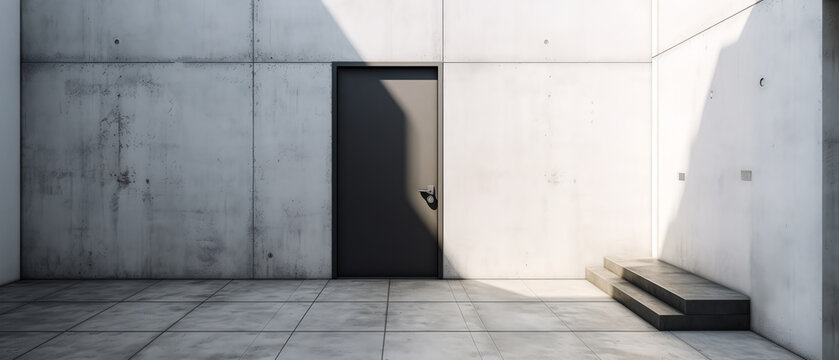 Empty industrial location with  door entrance. Large concrete walls.Urban backyard. emergency exit. Loft style exterior mockup with copy space. Generative ai