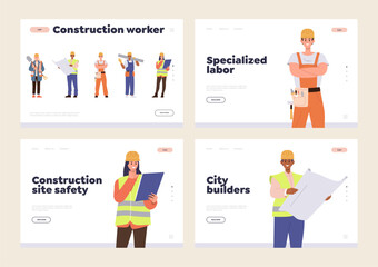 Landing page set for online service offering specialized labor of professional construction worker
