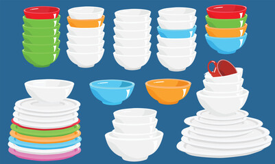White and multicolor ceramic dishes stack on wood table vector illustration. Flat vector isolated. White dishes stack clipart, multicolor bowl stack clipart in cartoon style. Pile of dishes vector.  © tranle1990