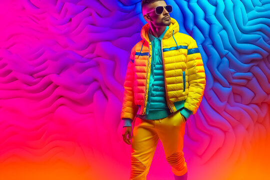Stylish young male wearing glasses with rainbow aesthetic; concept of LGBT pride, LGBTQ people, LGBTQ rights campaign. Created with Generative AI technology