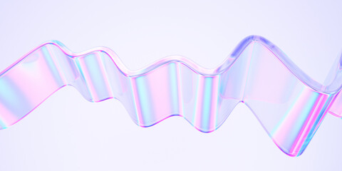 Wavy Glass shape with colorful reflections on light background. 3d rendering illustration.
