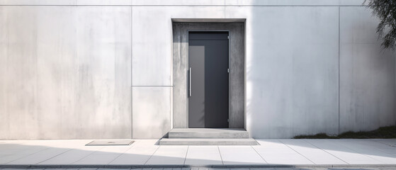 Front doors on street. Mockup with facade of a town building with entrance door. Urban exterior. Loft doorway. Place for text. Minimalism. Generative ai