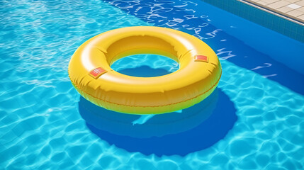 Fototapeta na wymiar yellow swimming pool ring float in blue water.