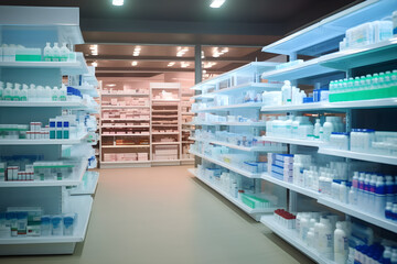 Medicines arranged on shelves, pharmacy pharmacy retail store. Interior blurred abstract background with healthcare products in glass showcase with neon lights.. 