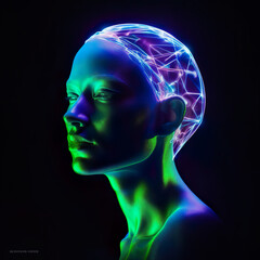 Obraz premium ​3D rendering of a female head with a glowing brain on a black background. Generative AI..