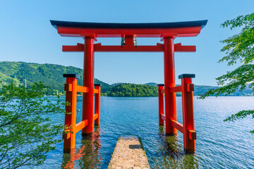 A torii on a lake in Hakone
