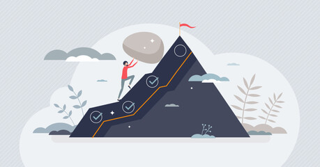 Hard work and successful effort determination process tiny person concept. Achievement motivation as businessman pushing rock on mountain vector illustration. Inspirational strength for goal challenge