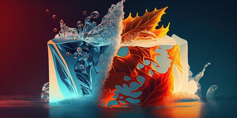 Ice-like modern art ice block blue and orange abstract, elegant and modern illustration generated by AI