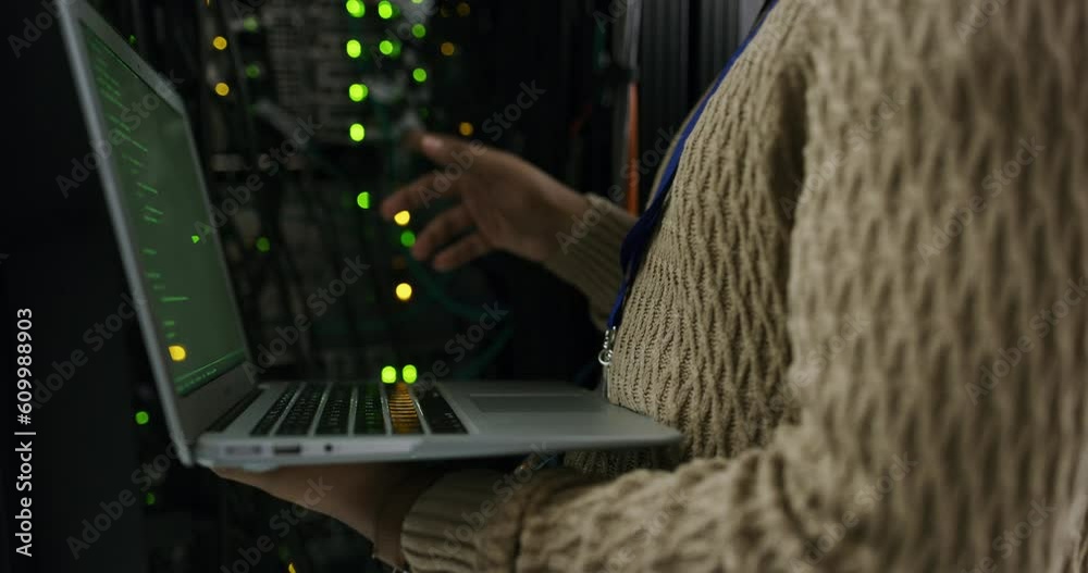 Poster Server room, laptop and hands of technician coding or programming cyber security code or cloud computing online or on the web. Big data, database and person or programmer typing in a datacenter