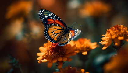 Fototapeta na wymiar A tranquil scene of a multi colored butterfly pollinating a flower generated by AI