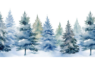 Watercolor winter landscape with fir trees. Hand painted vector illustration Generative AI