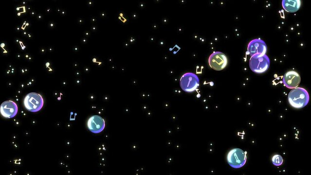 Looped cartoon flying bubble music notes on a black background animation.