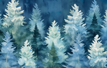 Obraz premium Watercolor winter landscape with fir trees and snowflakes. Watercolor illustration. Generative AI