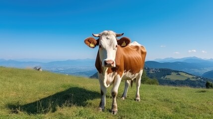 Cow with Nature Background - Wallpaper with Cow and empty copy space for text - Cute Beautiful Cow Backdrop created with Generative AI Technology