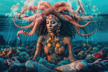 Beautiful mermaid girl at the bottom of the ocean
