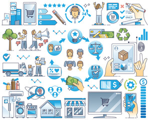 Customer journey elements with buyer purchase steps outline collection set. Items with commerce and marketing theme vector illustration. Ads, buying, delivery and feedback stages for advertisement.