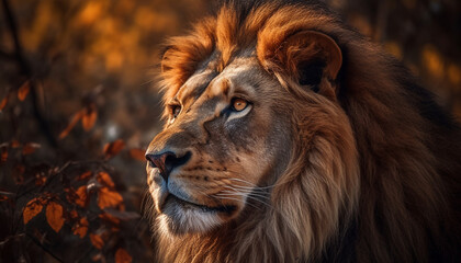 Naklejka premium Majestic male lion, pride of the savannah, looking away confidently generated by AI