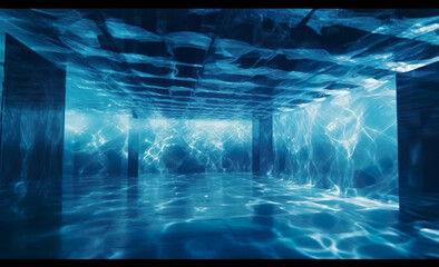 3D render. Futuristic interior with blue neon light and reflections Generative AI