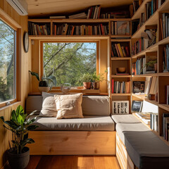 A mini library in the living room of a tiny house. Books are neatly arranged on a wooden book rack, a comfortable sofa for two people, and a white wall.
 - obrazy, fototapety, plakaty