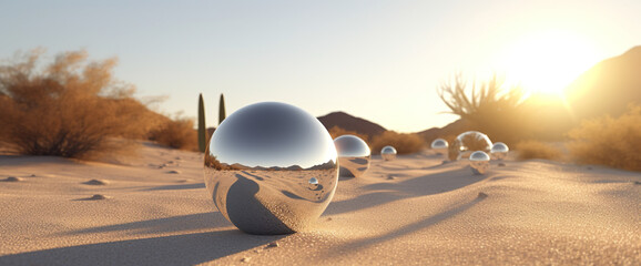 3D render of a crystal ball in the desert with cactus Generative AI