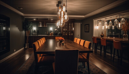 Fototapeta na wymiar Modern luxury dining room with elegant chandelier and comfortable seating generated by AI