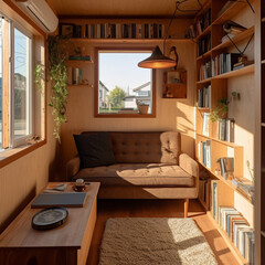 A mini library in the living room of a tiny house. Books are neatly arranged on a wooden book rack, a comfortable sofa for two people, and a white wall.
