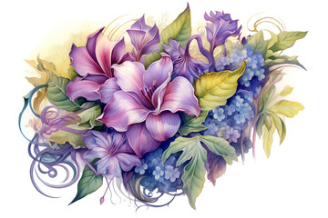 Beautiful bouquet of purple flowers. Vector watercolor illustration Generative AI