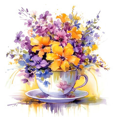 Bouquet of flowers in a cup. Watercolor illustration Generative AI