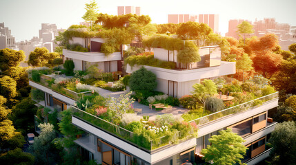 Fototapeta na wymiar Modern residential district with green roof and balcony. Generative AI
