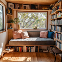 A mini library in the living room of a tiny house. Books are neatly arranged on a wooden book rack, a comfortable sofa for two people, and a white wall.
