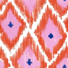 Hand drawn seamless pattern with ikat ethnic traditional indonesian fabric print. Blue pink orange abstract geometric stripes lines design mid century modern splash stroke vibrant print.