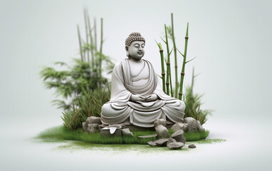 Buddha statue with green grass and bamboo. 3D rendering Generative AI